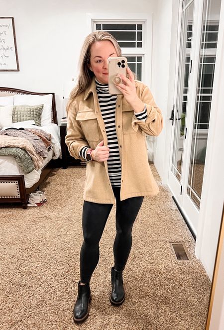 Shacket outfit with Chelsea boots. How to style Chelsea boots. Chelsea boots outfit with Shacket and Spanx leggings. 

#LTKshoecrush #LTKstyletip #LTKfindsunder50