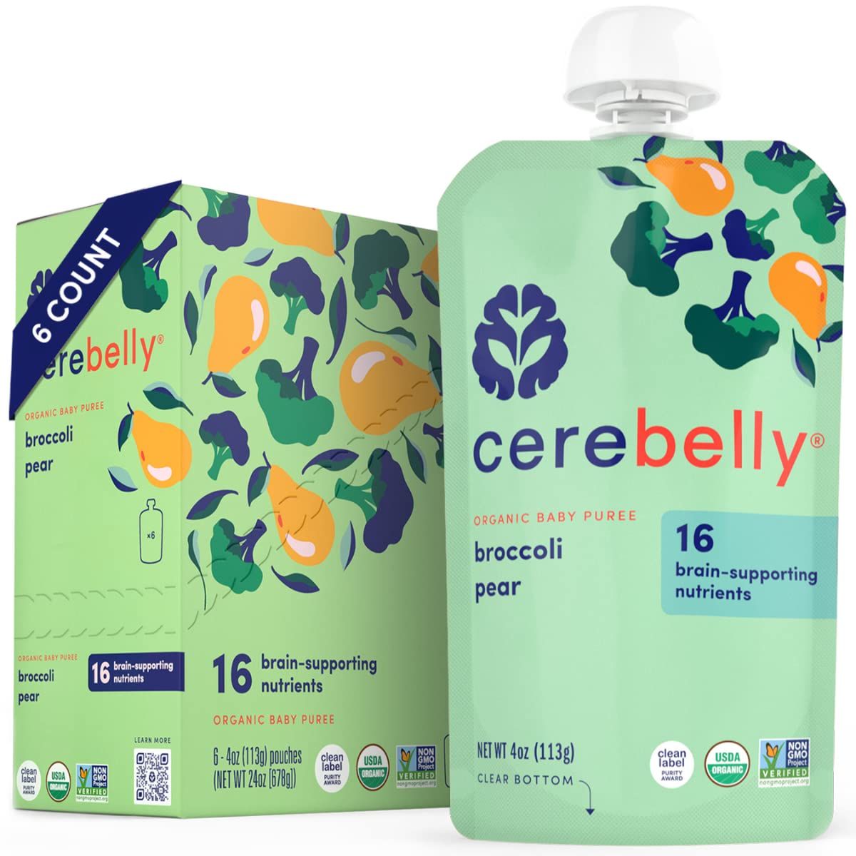 Cerebelly Baby Food Pouches – Broccoli Pear (4 oz, Pack of 6) - Toddler Snacks - 16 Brain-suppo... | Amazon (US)