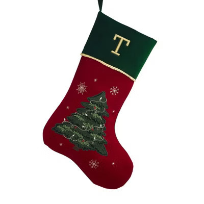 Personalization Mall Traditional Tree Embroidered Initial Christmas Stocking, T | Target
