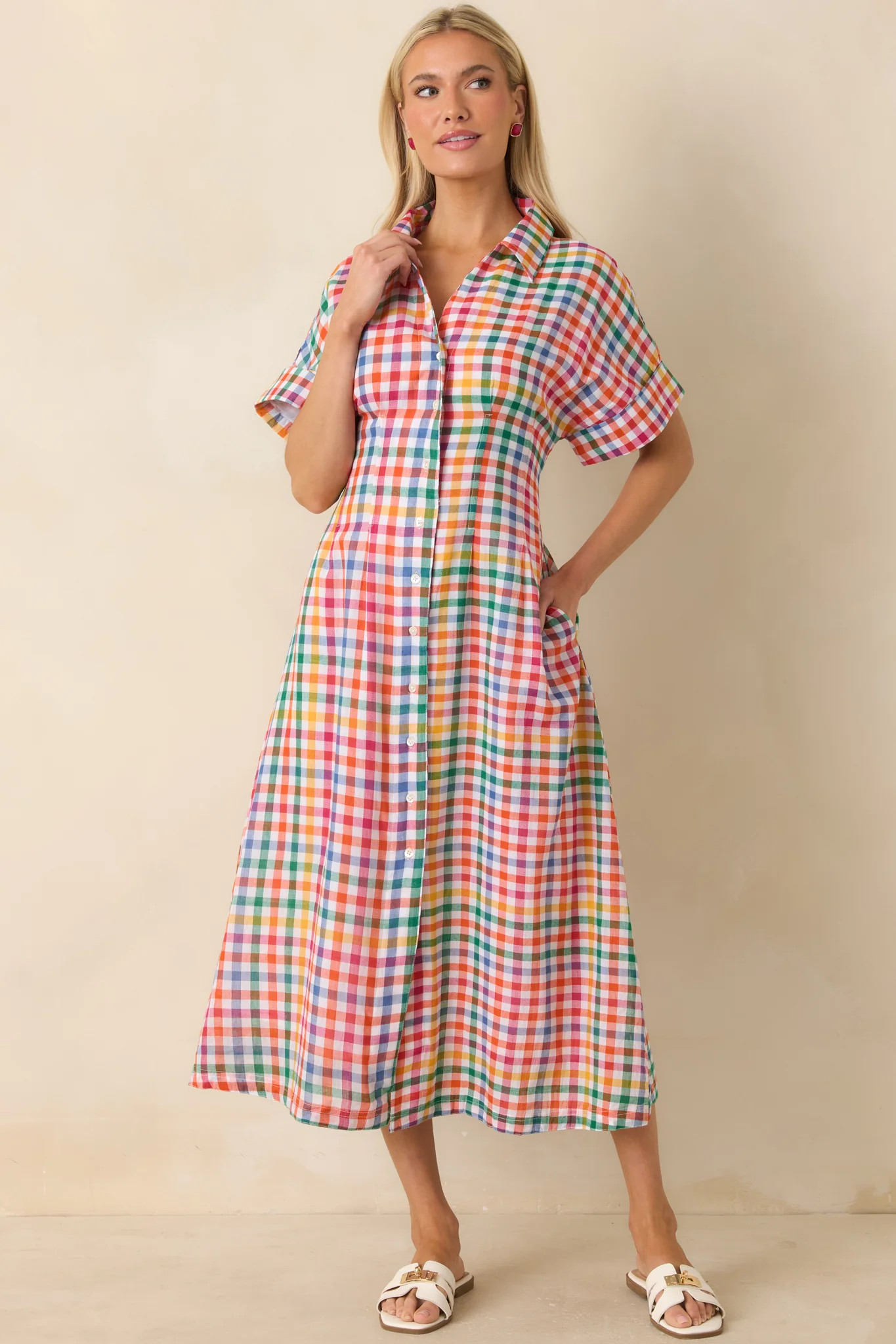 Confetti Forecast Multi Plaid Cotton Button Front Midi Dress | Red Dress