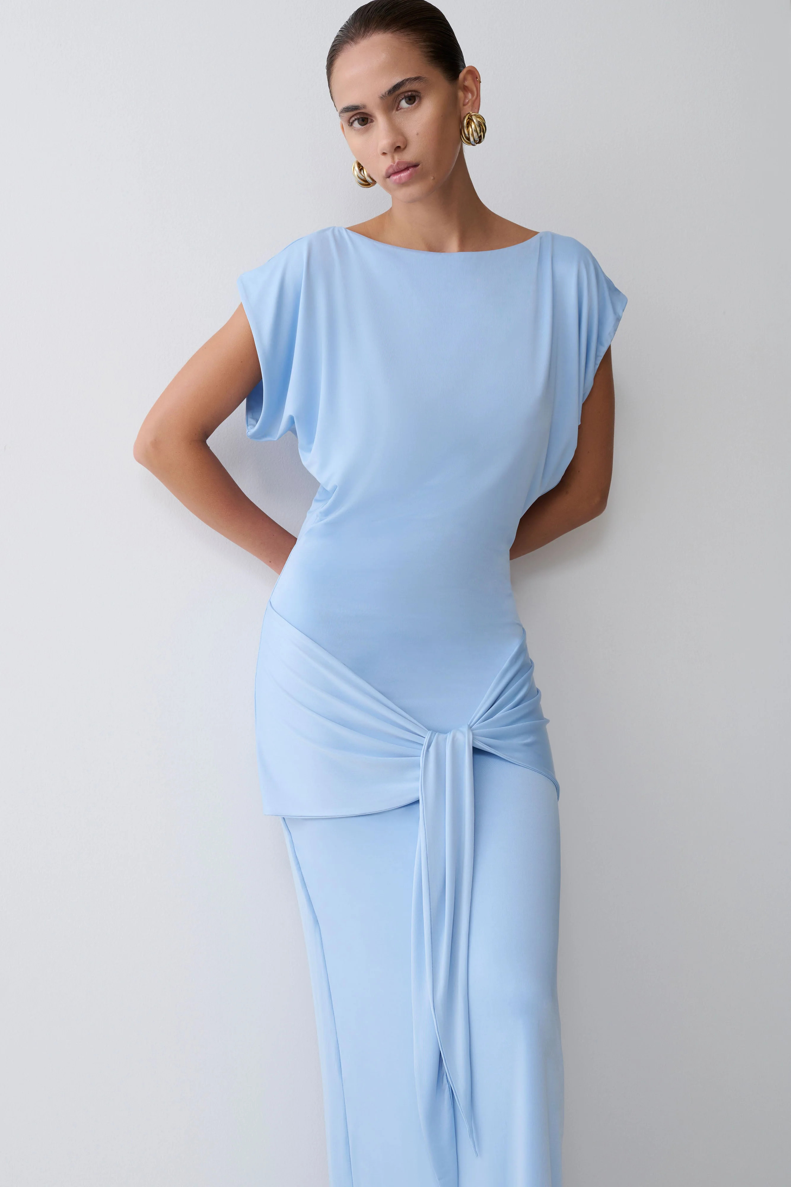 Maiara Shortsleeve Slinky Tie Maxi Dress - Sea Blue | Meshki UK