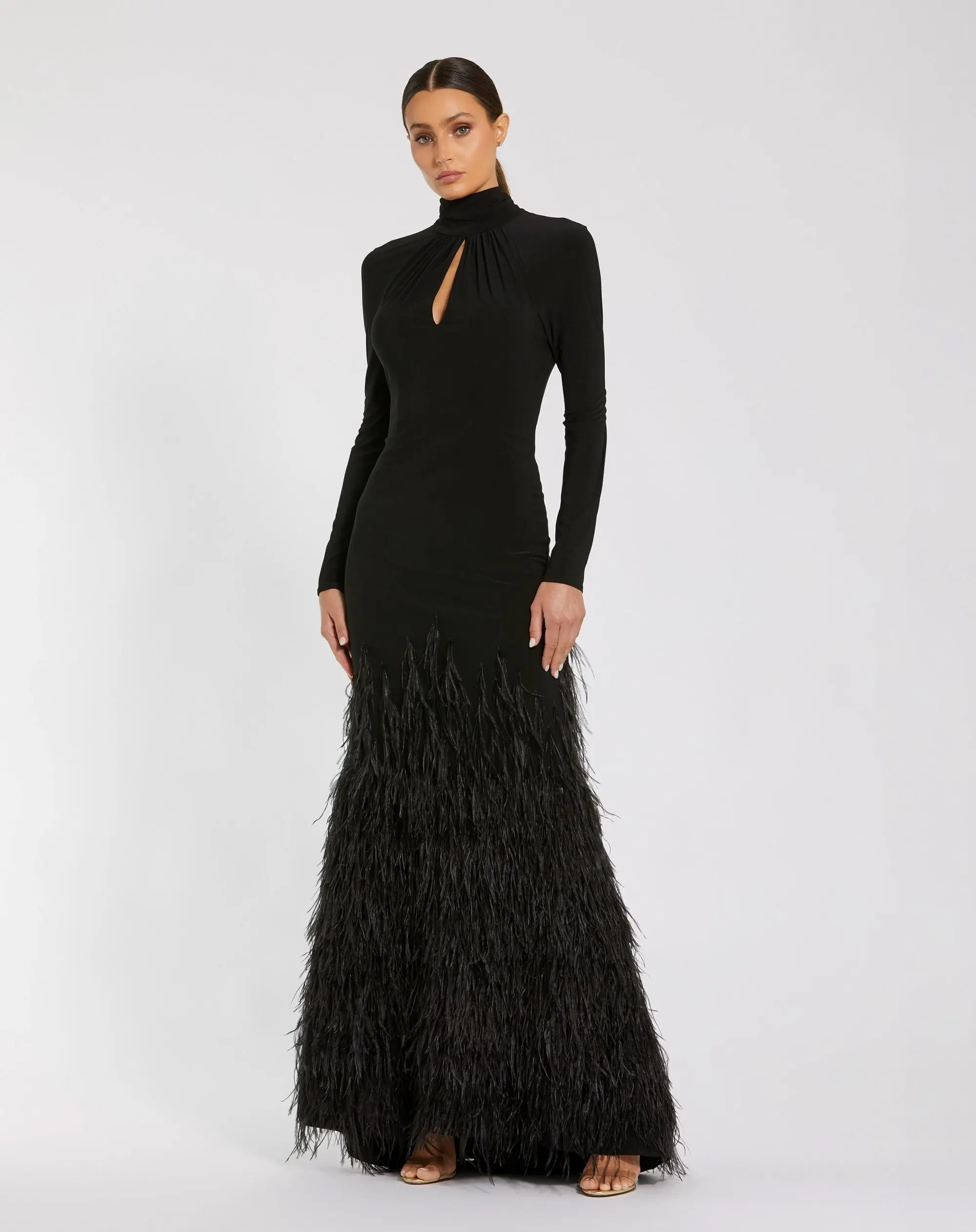 Black Jersey Long Sleeve High Neck Feather Gown - Mac Duggal | Mac Duggal
