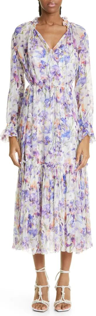 Tama Floral Semisheer Tiered Long Sleeve Silk Midi Dress | Nordstrom