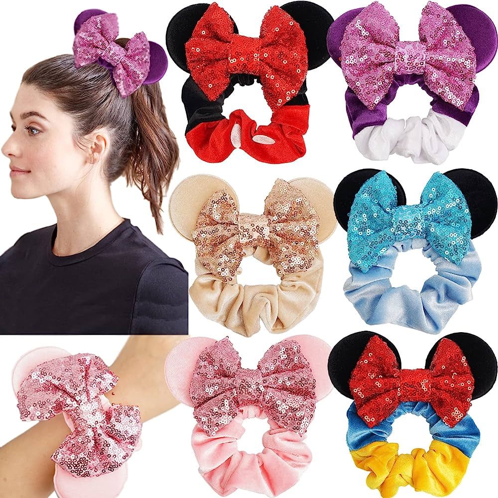 6 Pack Mouse Mickey Ears Scrunchies Velvet Sparkle Sequin Minnie Bows Hair Scrunchies Hair Ties E... | Amazon (US)