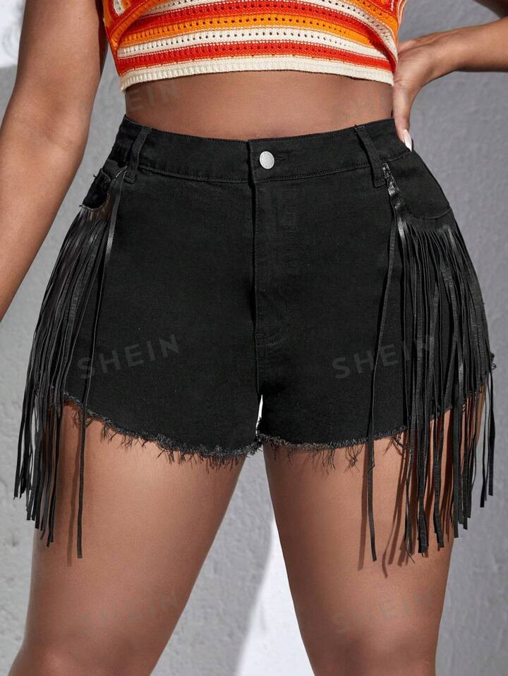 SHEIN SXY Plus Fringe Trim Denim Shorts | SHEIN