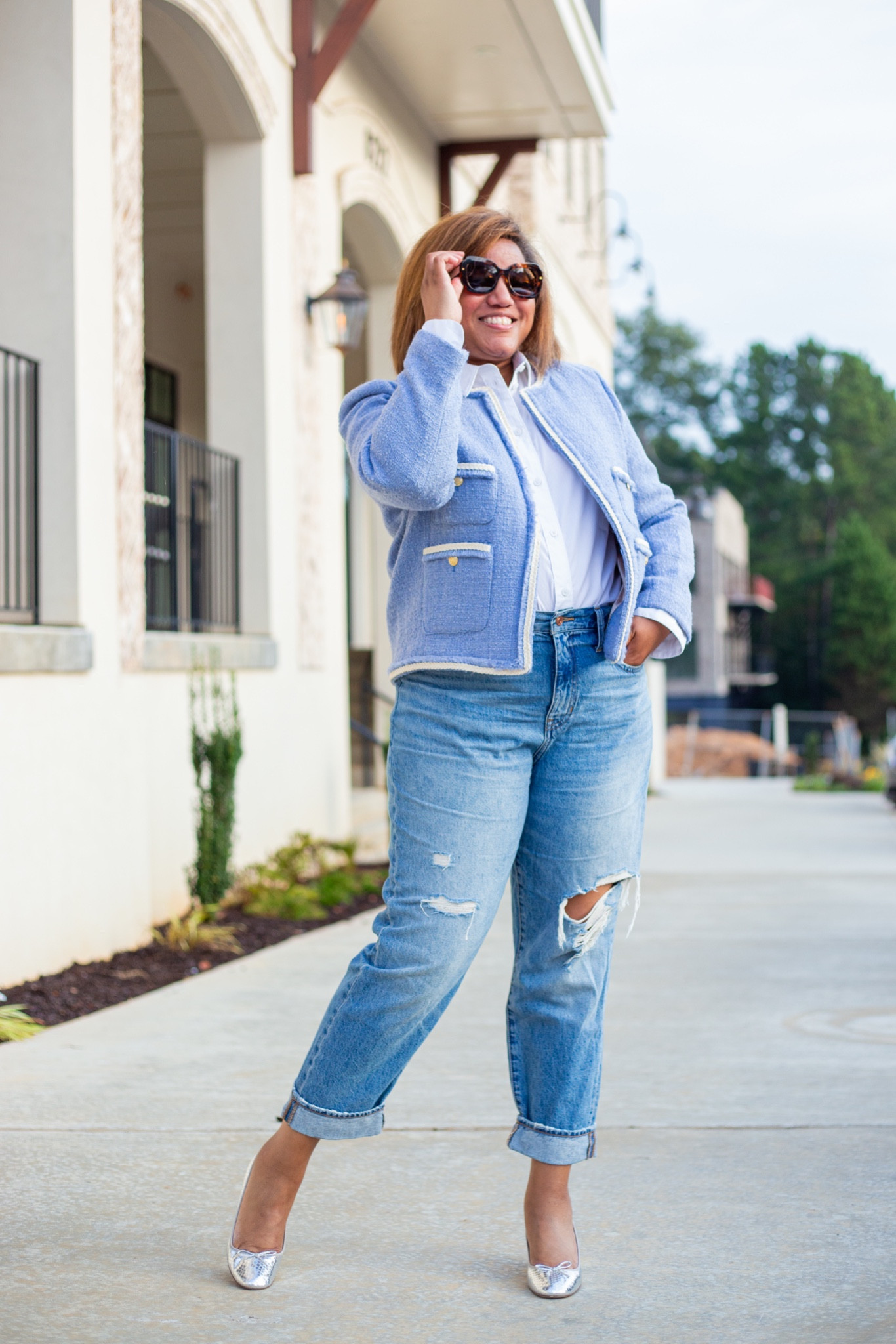 The cutest and most versatile lady jacket!!!  This is a wardrobe classic that can be styled casually or that can be dressed up for work!  I dressed it down in this look by pairing the jacket wig distressed denim. And, metallic silver accessories are SO on trend this season, so I finished the look with metallic silver heels!!!  

This gorgeous jacket fits TTS; I’m wearing my typical size 16. My jacket is #gifted  