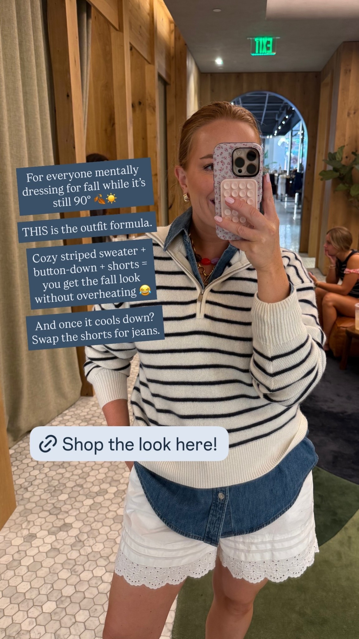 For everyone mentally dressing for fall while it’s still 90° 🍂☀️

THIS is the outfit formula.

Cozy striped sweater + button-down + shorts =
you get the fall look without overheating 😂

And once it cools down? Swap the shorts for jeans.