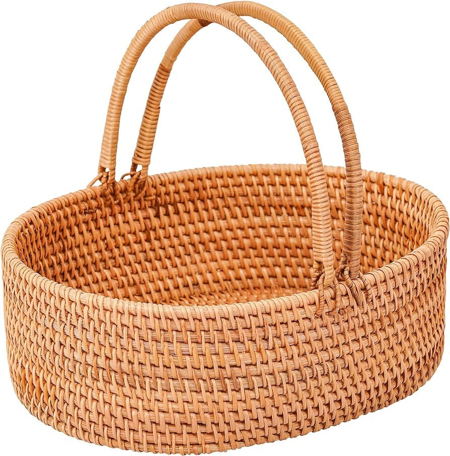 Rattan Picnic Basket with Handles, Oval Wicker Gift Basket Hand-Woven Basket for Fruit, Basket fo... | Amazon (US)