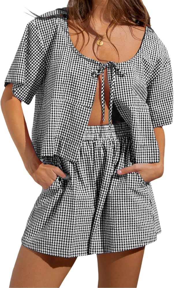 Women Casual Plaid Pajamas Set 2 Piece Lounge Set Short Sleeve Tie Front Shirt High Waist Shorts ... | Amazon (US)