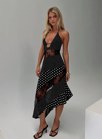 Down With Love Asymmetrical Midi Dress Black / White Polka Dot | Princess Polly US