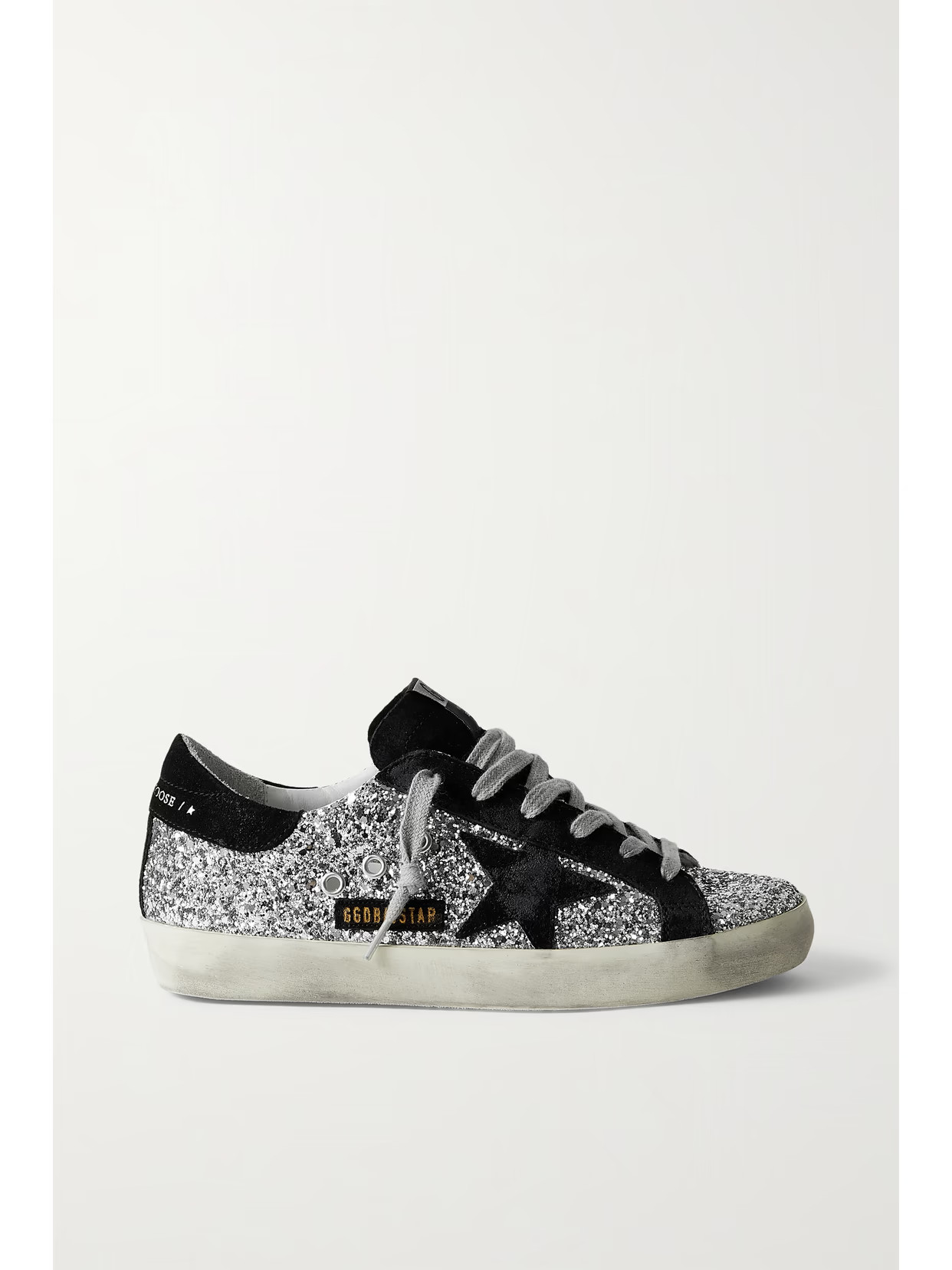Golden Goose - Superstar Distressed Glittered Leather And Suede Sneakers - Silver | NET-A-PORTER (US)