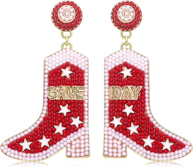 Game Day Boot Earrings Western Country Cowboy Boots Beaded Dangle Earrings for Women Football Tea... | Amazon (US)