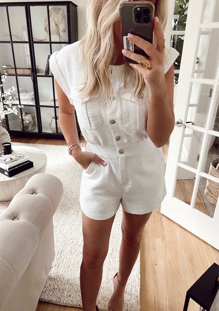 This white romper is ❤️‍🔥 and 30% off! 
I’m wearing my TTS but if in between size up. 

Summer outfit. Summer style. White romper. Date night. Summer trends. 

#LTKunder100 #LTKsalealert #LTKstyletip