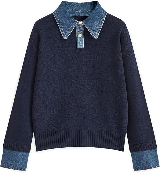 Oversized Sweaters for Women Casual Denim V Neck Fall Sweater | Amazon (US)