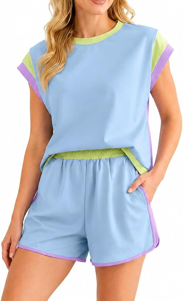 Women's 2 Piece Outfits Summer, Color Block Cap Tops and Shorts Set, summer outfits for women 202... | Amazon (US)