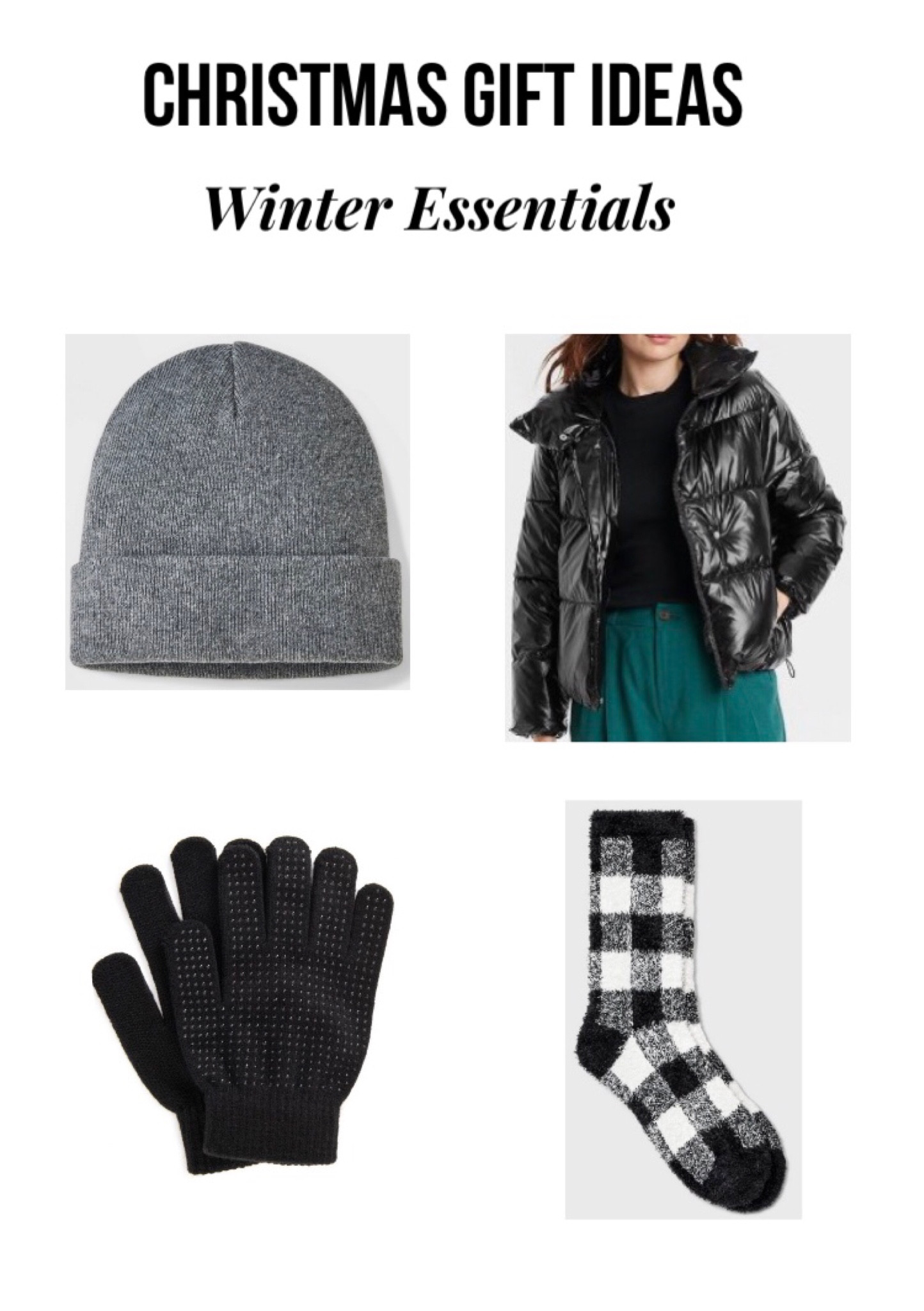 Christmas gift ideas! Winter essentials! #christmasgifts #christmasgiftideas #christmasgiftinspo #christmasinspo #giftideas #giftinspo #winteressentials #puffercoats #fuzzysocks #gloves #beanie
