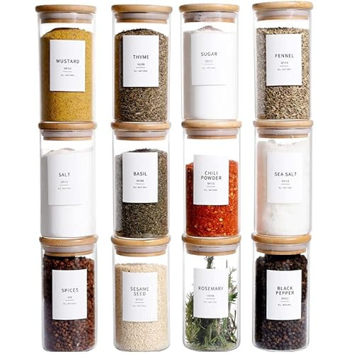 12 Pcs Glass Spice Jars With Bamboo Airtight Lids, 8oz Thicken(2.4mm) Spice Containers With 148 Minimalist Preprinted Waterproof Spice Labels, Kitchen Empty Small Storage Jars For Seasoning, Herb | Amazon (US)