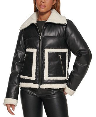 Women's Faux Leather Sherpa Trim Puffer Coat | Macys (US)