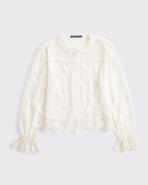 Long-Sleeve Eyelet Lace-Trim Top | Abercrombie & Fitch (UK)