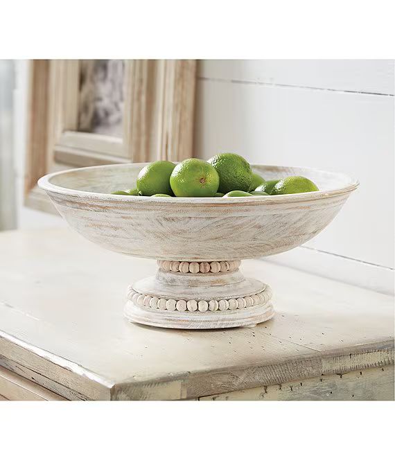 Beaded White Washed Wood Pedestal Bowl | Dillards