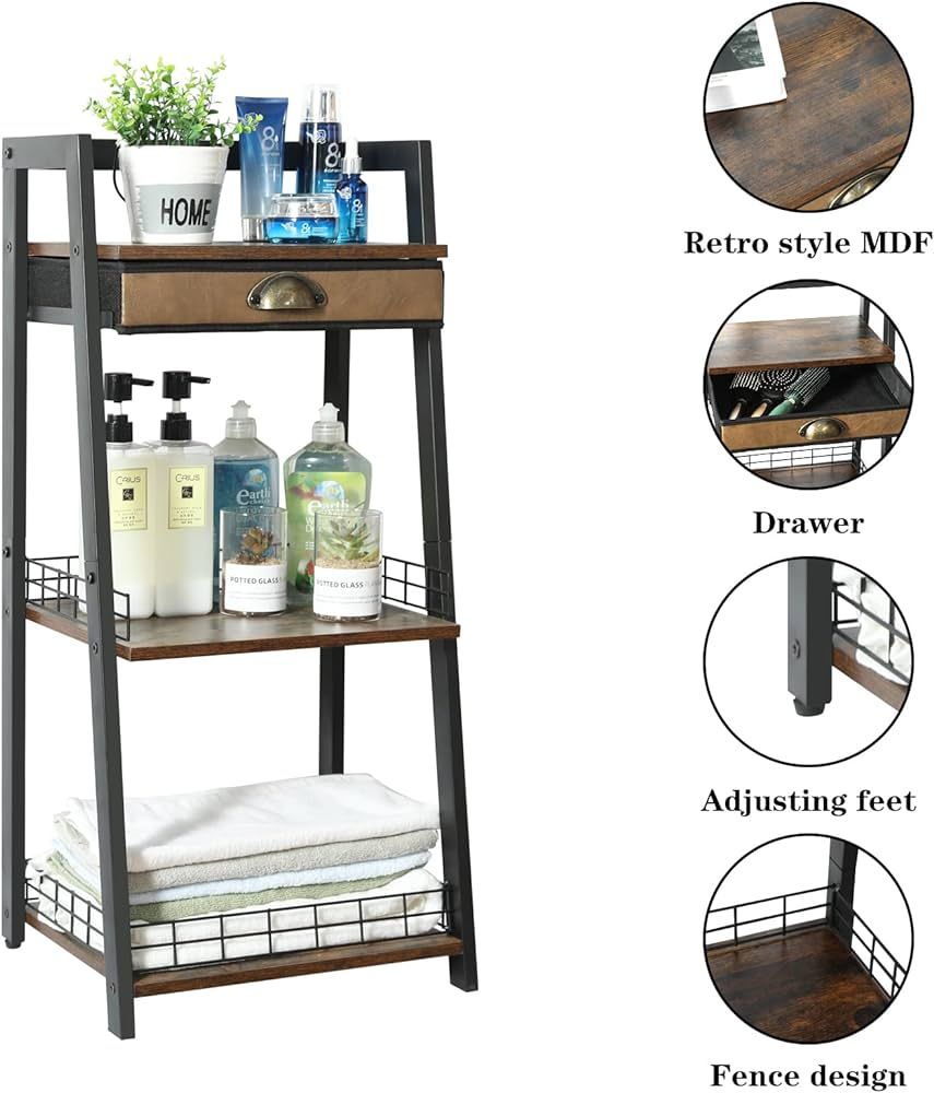keomaisyto 3-Tier Bathroom Ladder Shelf, Bathroom Floor Storage Shelf with Drawer, Freestanding Towe | Amazon (US)