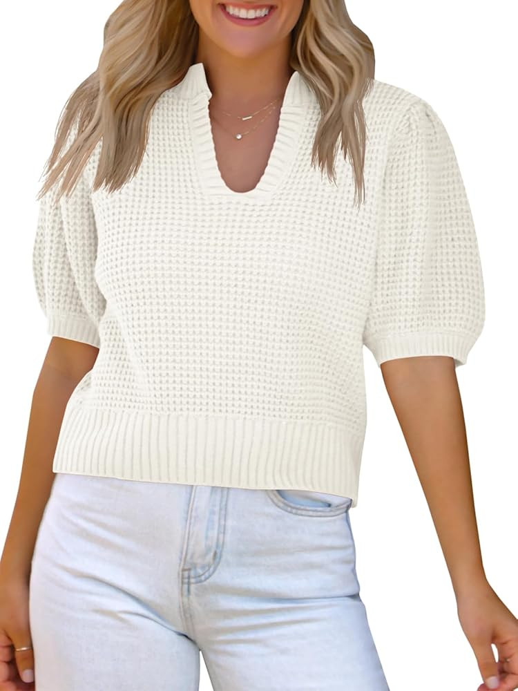 Saodimallsu Womens Puff Short Sleeve Sweater Top Waffle Knit V Neck Spring Summer Cropped Trendy ... | Amazon (US)