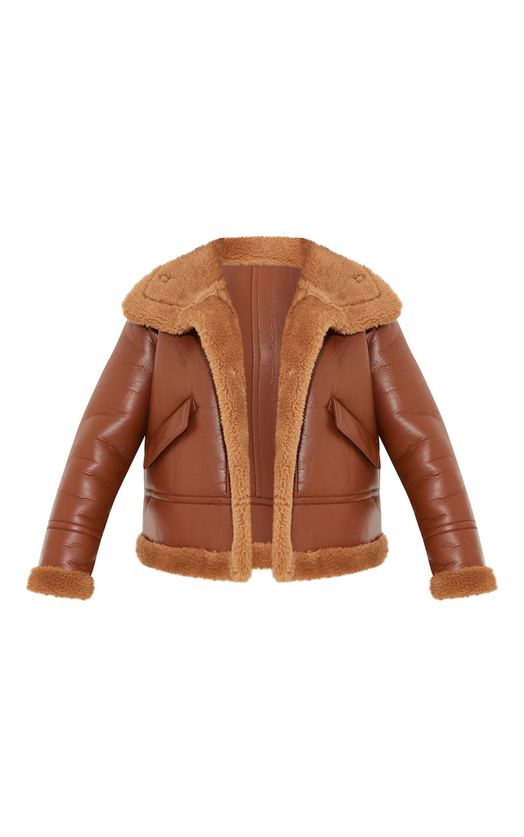Brown Faux Fur Lined Faux Leather Buckled Aviator Jacket | PrettyLittleThing US