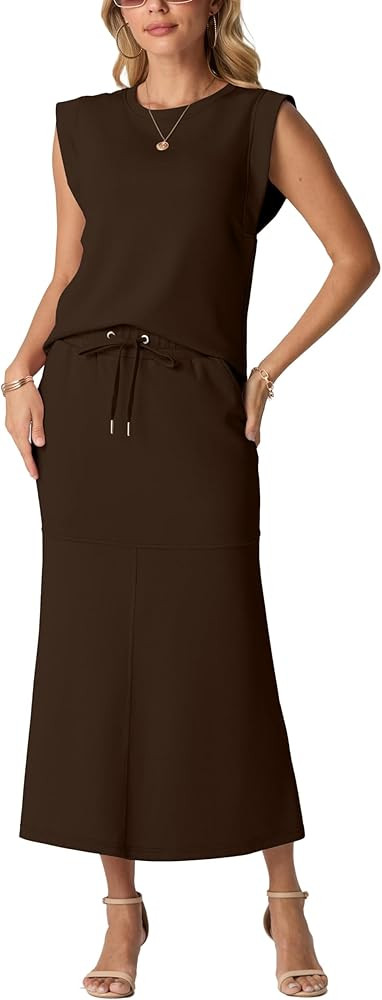 GRECERELLE Women Summer 2 Piece Sets Round Neck Wrinkle-Free Top & Elastic Waist Midi Fishtail Sk... | Amazon (US)