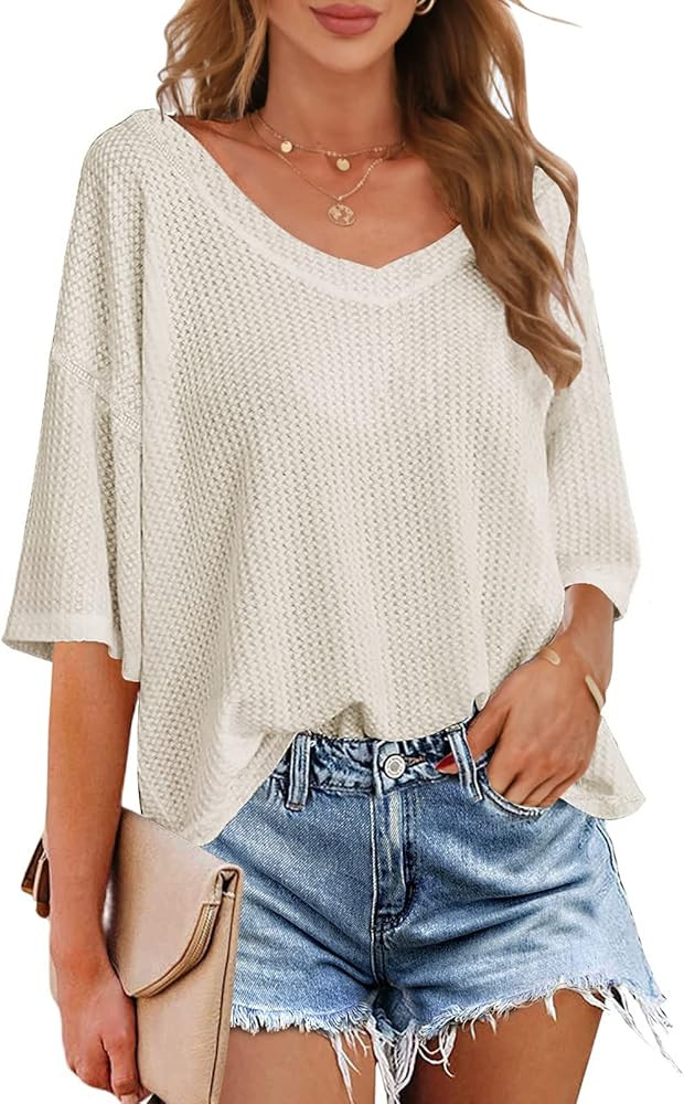 MEROKEETY Women's V Neck Batwing Half Sleeve Shirts Waffle Knit Loose Blouse Solid Color Tops | Amazon (US)