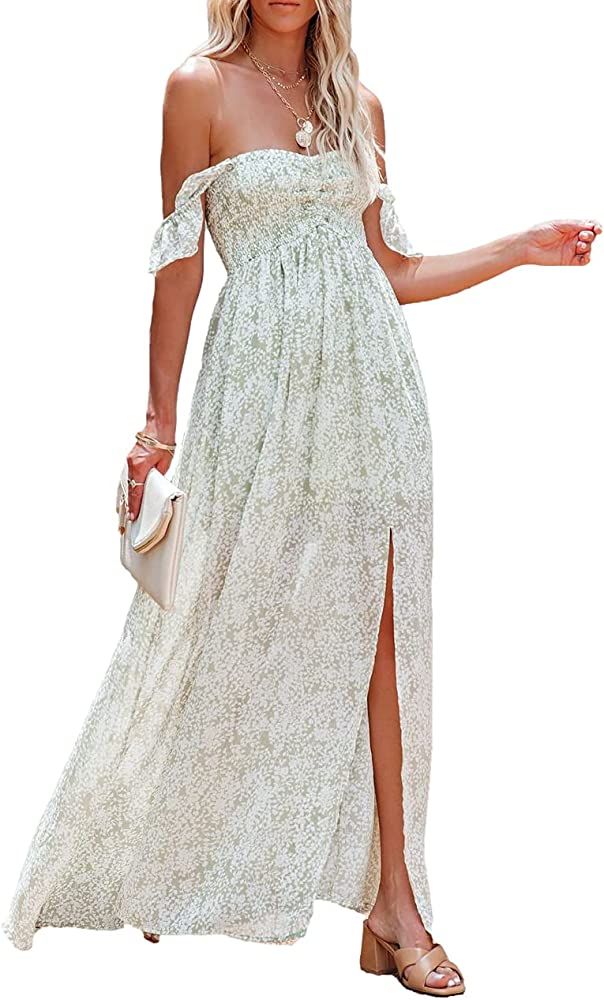 MERMAID'S CLOSET Womens Casual Off Shoulder Maxi Dress White Lace Sleeve Beach Dresses | Amazon (US)