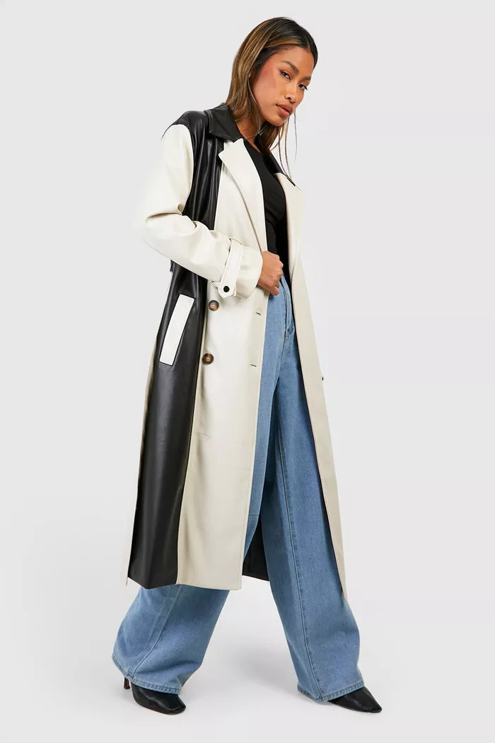 Color Block Faux Leather Trench Coat | boohoo (US & Canada)