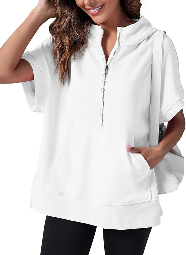 Fisoew Womens Oversized Half Zip Hoodies Short Sleeve Casual Sweatshirts Pullover Tops with Pocke... | Amazon (US)