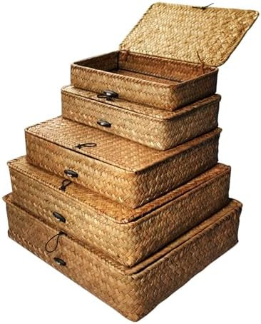 5 Pcs Seagrass Basket with Lid 5 Sizes Decorative Storage Boxes Rattan Wicker Storage Basket with... | Amazon (US)