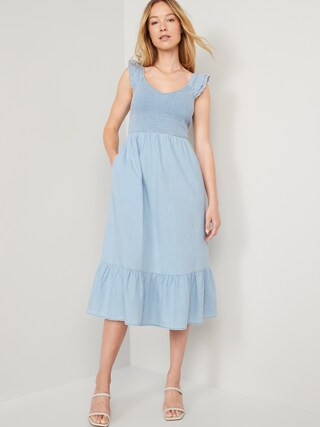 Fit & Flare Non-Stretch Jean Smocked Midi Dress for Women | Old Navy (US)