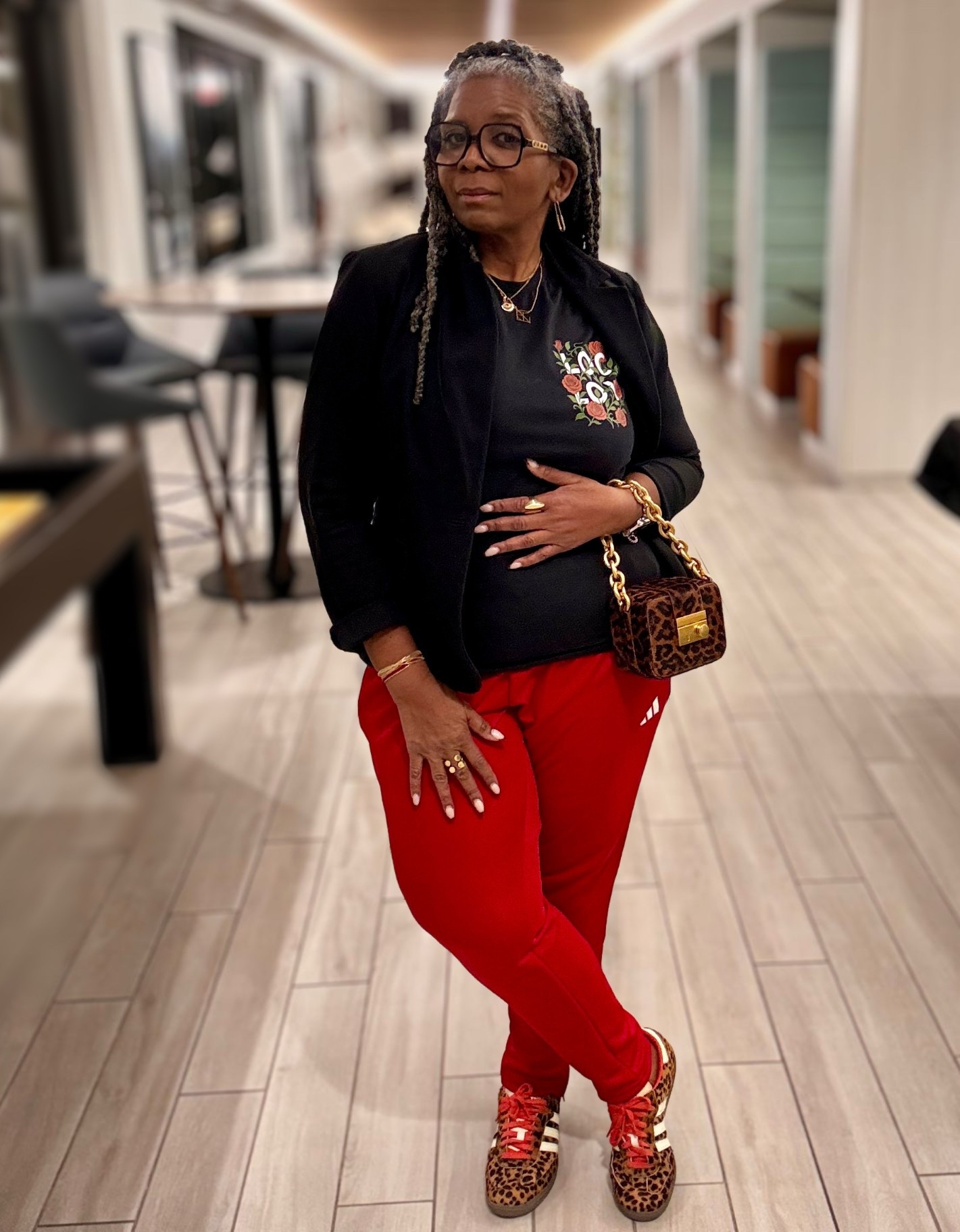 Biz casual with my leopard obsession: it’s my fave neutral for fall.  I love it with these red joggers and a fitted jacket. The tshirt is from Loc Love salon on IG; head over to IG for details. 

#LTKootd #LTKItBag #LTKStyleTip