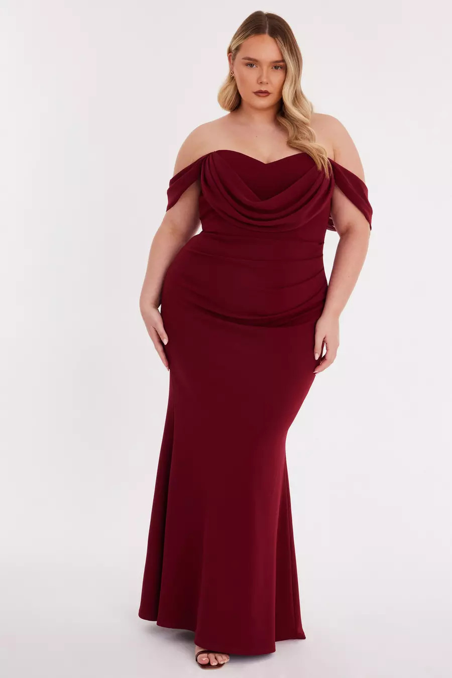 Home/Curve Burgundy Chiffon Bardot Maxi Dress | Quiz Clothing