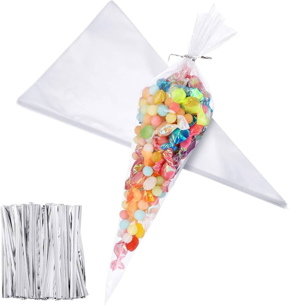 Outus 100 Pieces 7 x 12 inch Cone Shaped Treat Bags Medium Transparent Cone Bags Cello Bags Sweet... | Amazon (US)
