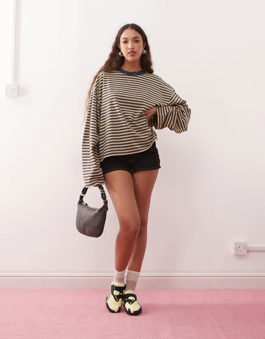 Lioness Bloom long sleeve crew neck boxy T-shirt in beige & navy stripe-Neutral | ASOS (Global)