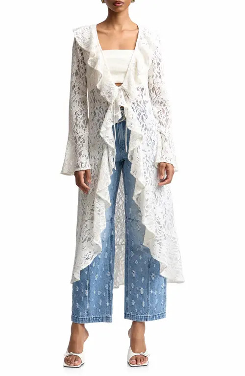 Avec Les Filles Ruffle Lace Longline Cardigan in White at Nordstrom, Size Large | Nordstrom