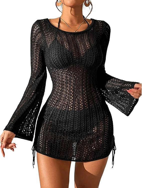 Fayenne Womens Swimsuit Cover Up Crochet Coverups Hollow Out Bell Long Sleeve Drawstring Bathing ... | Amazon (US)