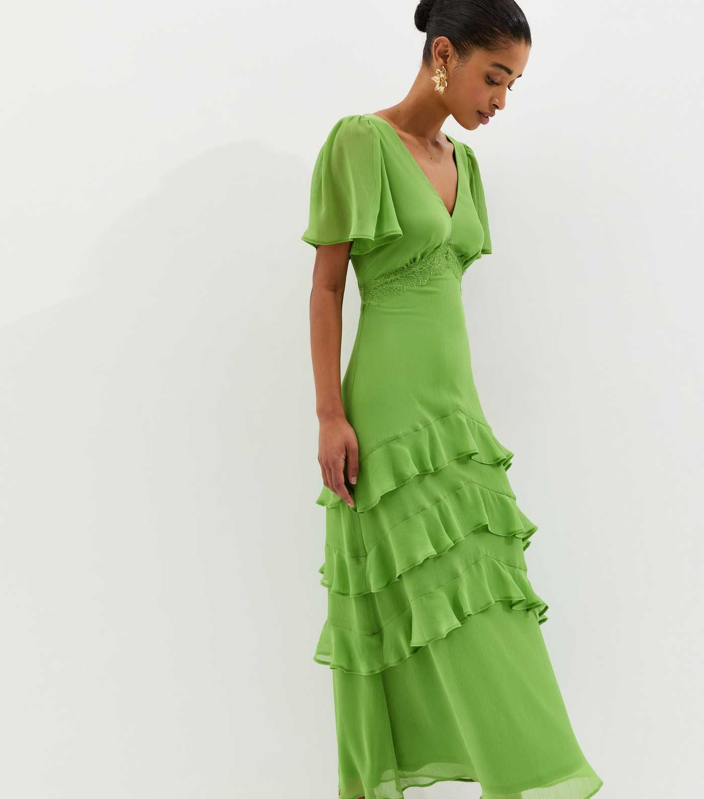 Bright Green Chiffon Tiered Tea Maxi Dress | New Look | New Look (UK)