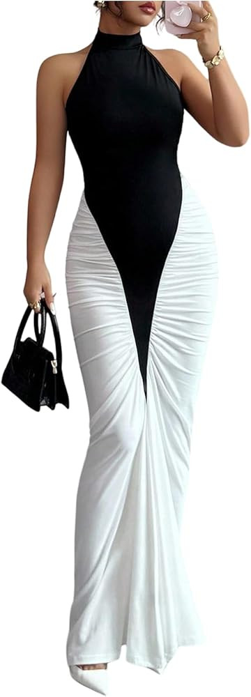 GORGLITTER Women's Color Block Ruched Maxi Dress Evening Bodycon Halter Elegant Classy Dresses Co... | Amazon (US)