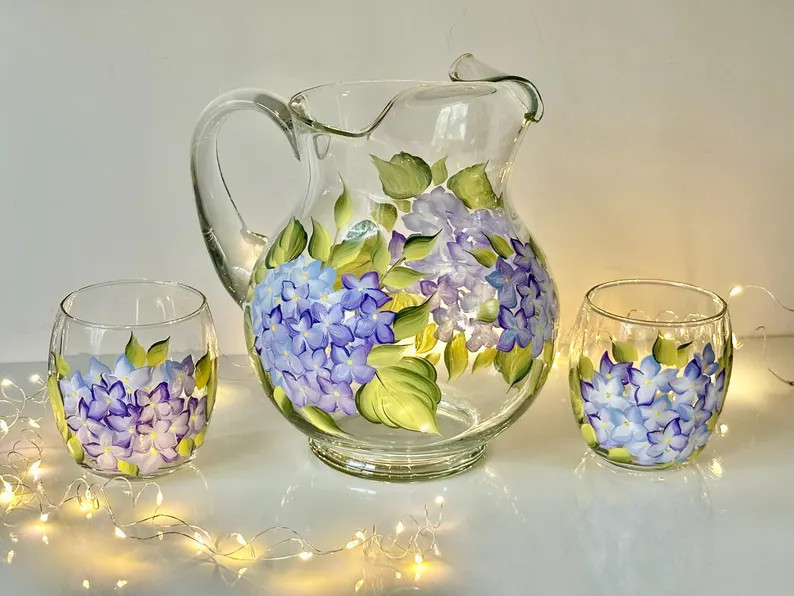 Painted Hydrangea Glass Pitcher, Large Sangria Pitcher, Wedding Lemonade Pitcher, Purple Blue Hyd... | Etsy (Global)