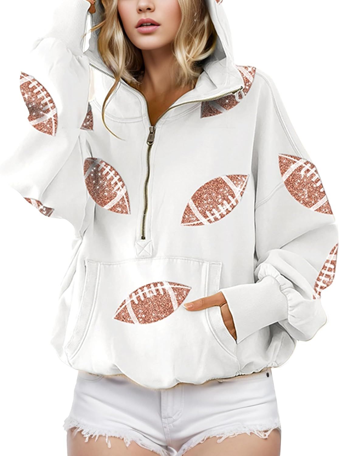QIBABU Womens Football Sequin Hoodies Half Zip Game Day Sweatshirt Long Sleeve Graphic Print Pull... | Amazon (US)