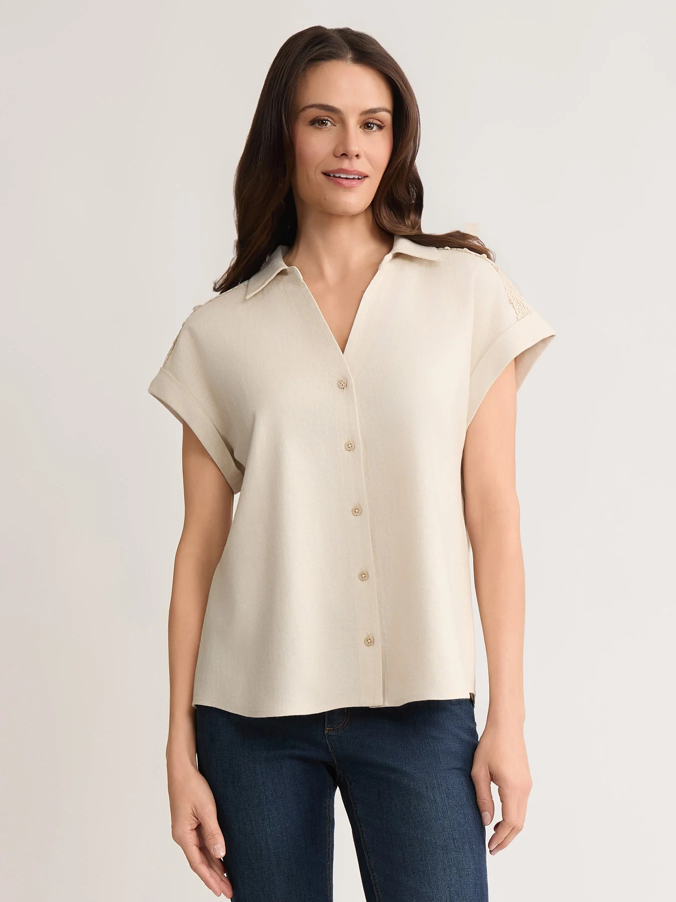 Rolled Sleeve Button Front Blouse, Linen | Jones New York