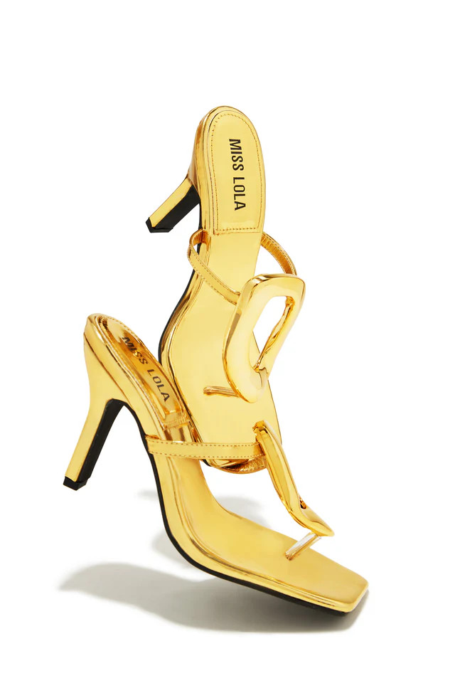 Miss Lola | Adonna Gold Thong Strap Mule Heels | MISS LOLA