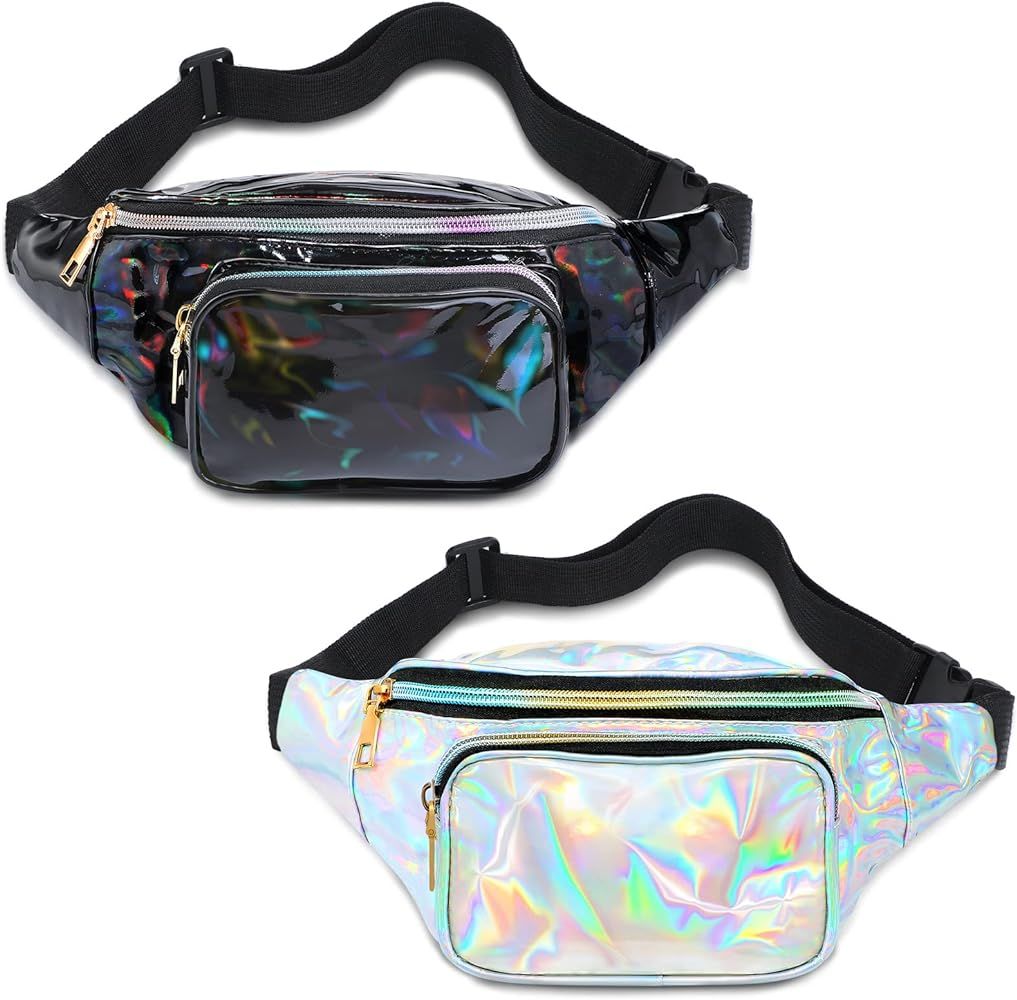 2 Pieces Holographic Fanny Pack Neon 80s Party Belt Bags Festival Neon Shiny Beach Bag with Adjus... | Amazon (US)