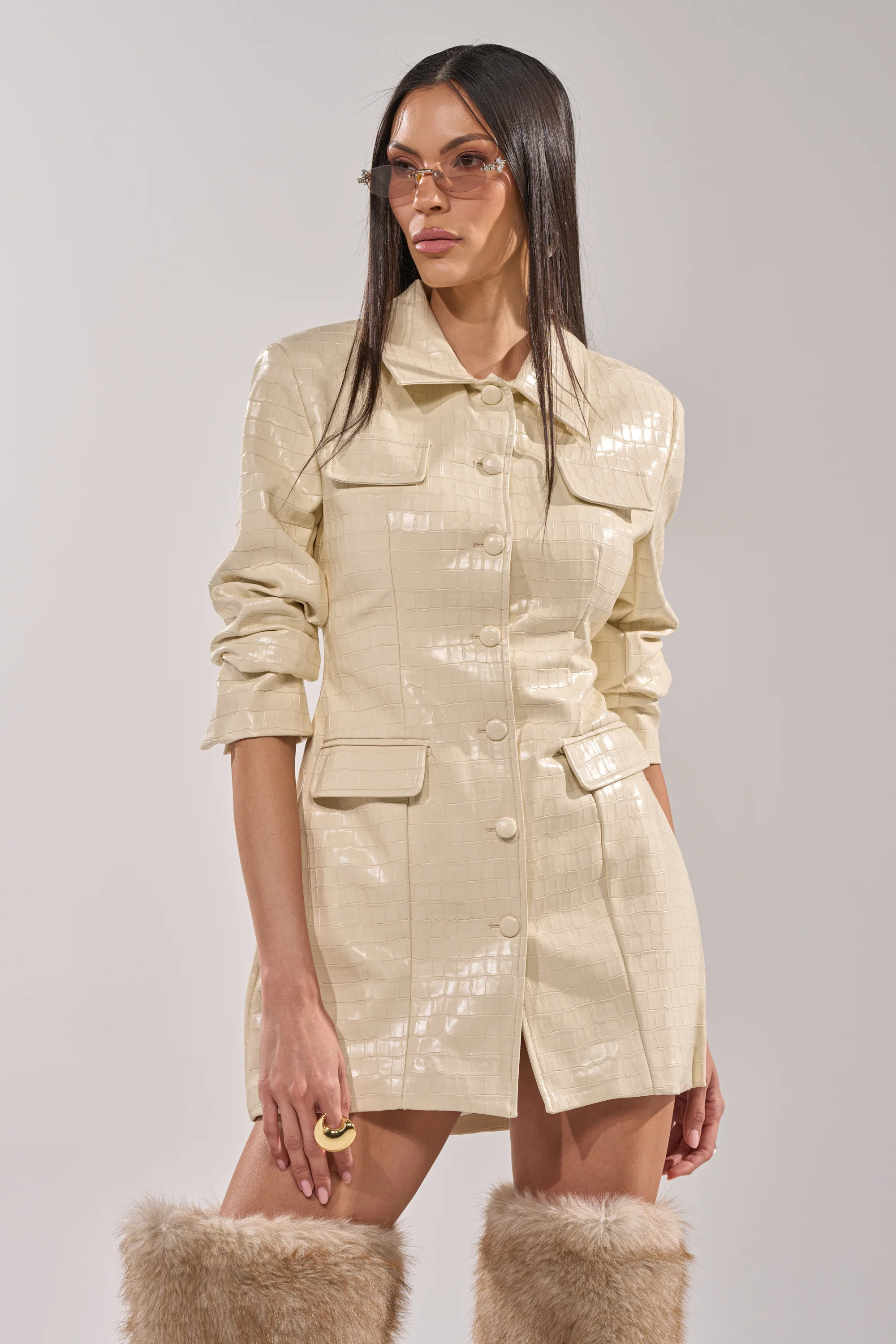 STANDING ON BUSINESS PU MINI DRESS | AKIRA