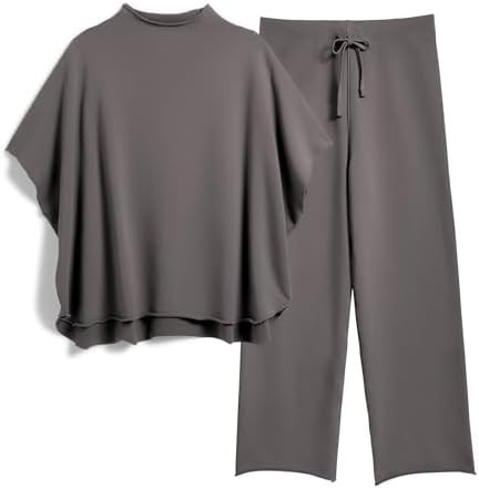 Women's Two Piece Outfits 3/4 Batwing Sleeve Capelet Crew Neck Pullover Top Wide Leg Pants Lounge... | Amazon (US)