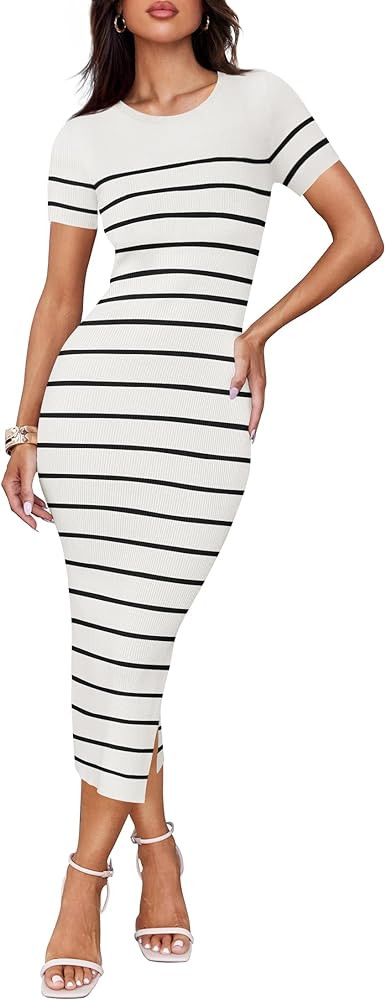 ZESICA Women's Summer Bodycon Midi Dress 2024 Striped Short Sleeve Ribbed Knit Slim Fit Side Slit... | Amazon (US)
